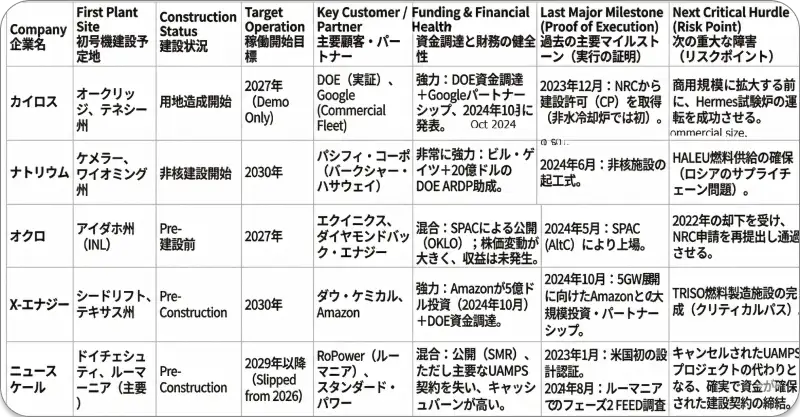 小型モジュール炉（SMR）開発各社の進捗状況とリスクを比較した表。建設ステータス、目標稼働年、主要顧客、資金力、次の重大なハードルなどを記載。