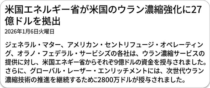 "DOE awards USD2.7 billion to strengthen US uranium enrichment"と題された米国エネルギー省（DOE）によるウラン濃縮事業への27億ドル規模の資金提供を報じる記事のスクリーンショット。General Matter、American Centrifuge Operating、Oranoにそれぞれ9億ドルが拠出されたことが記載されている。